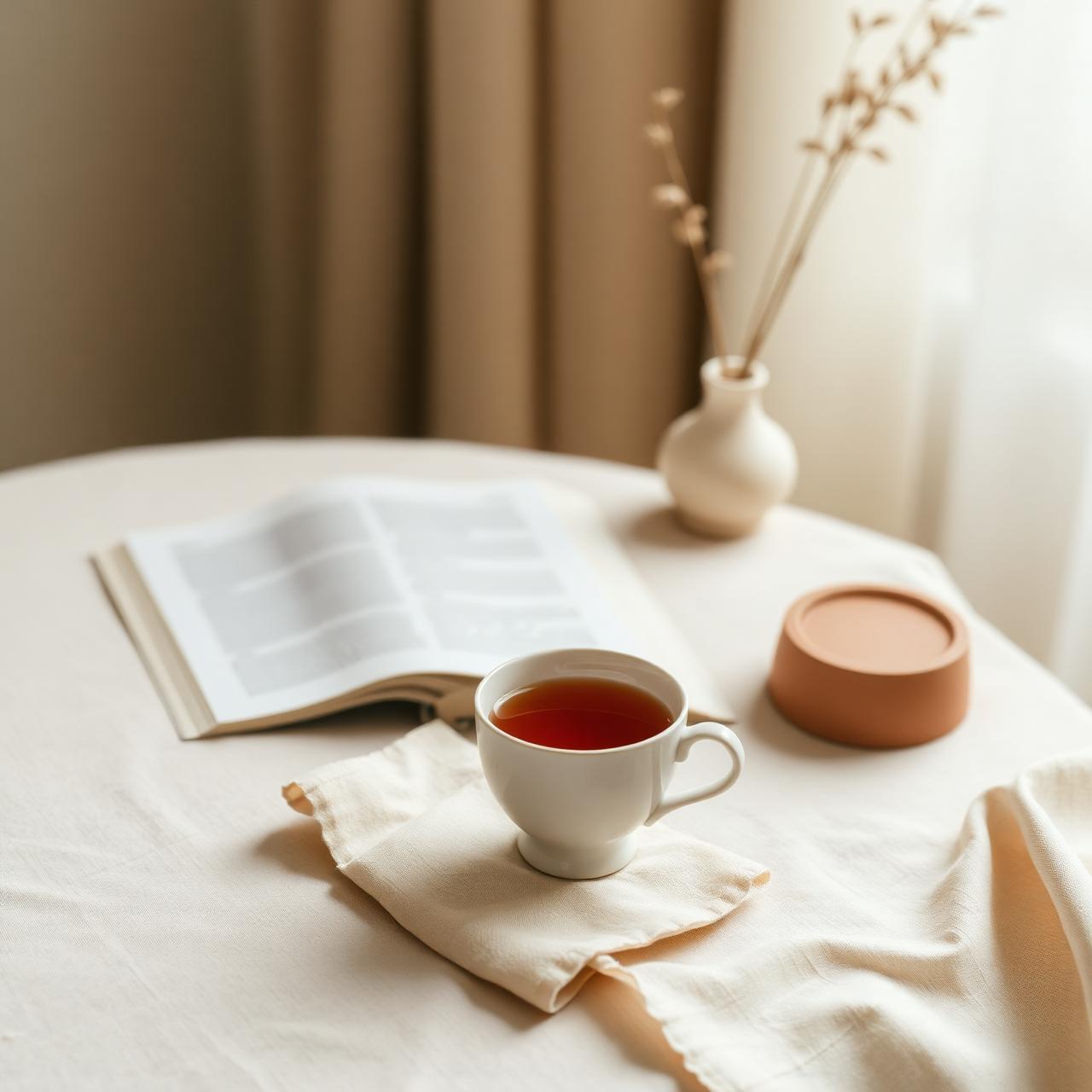 A quiet still life of tea and an open book in soft morning light