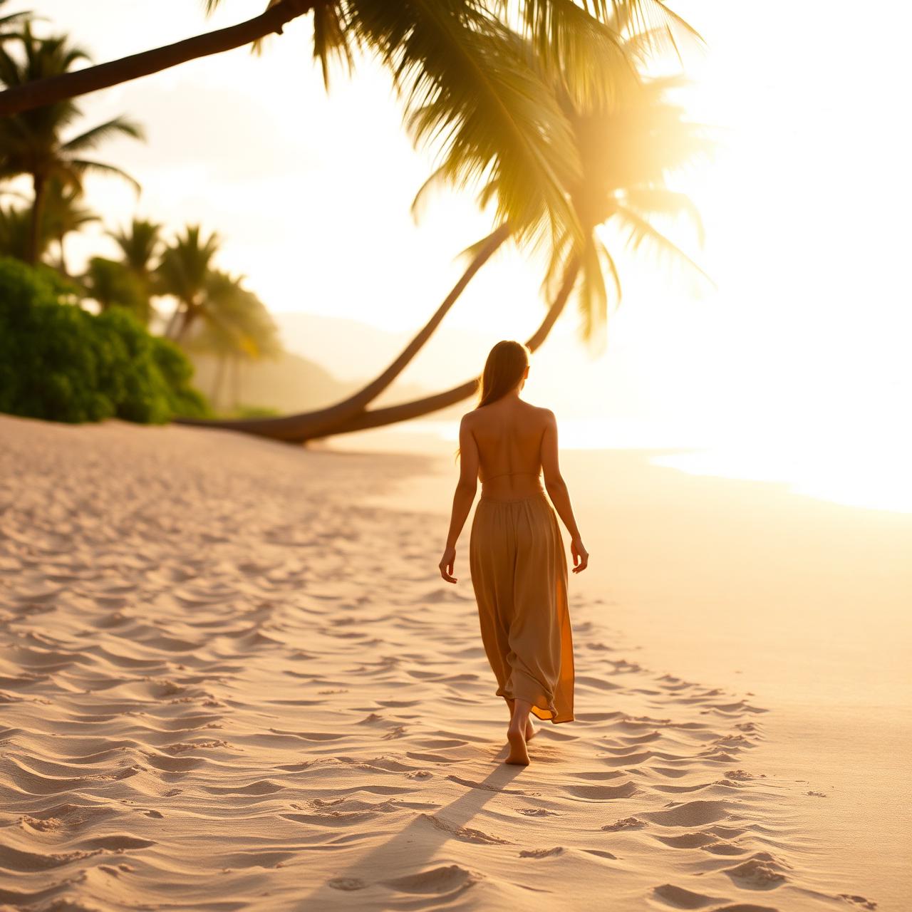 A woman walking a quiet Kauai beach at sunrise