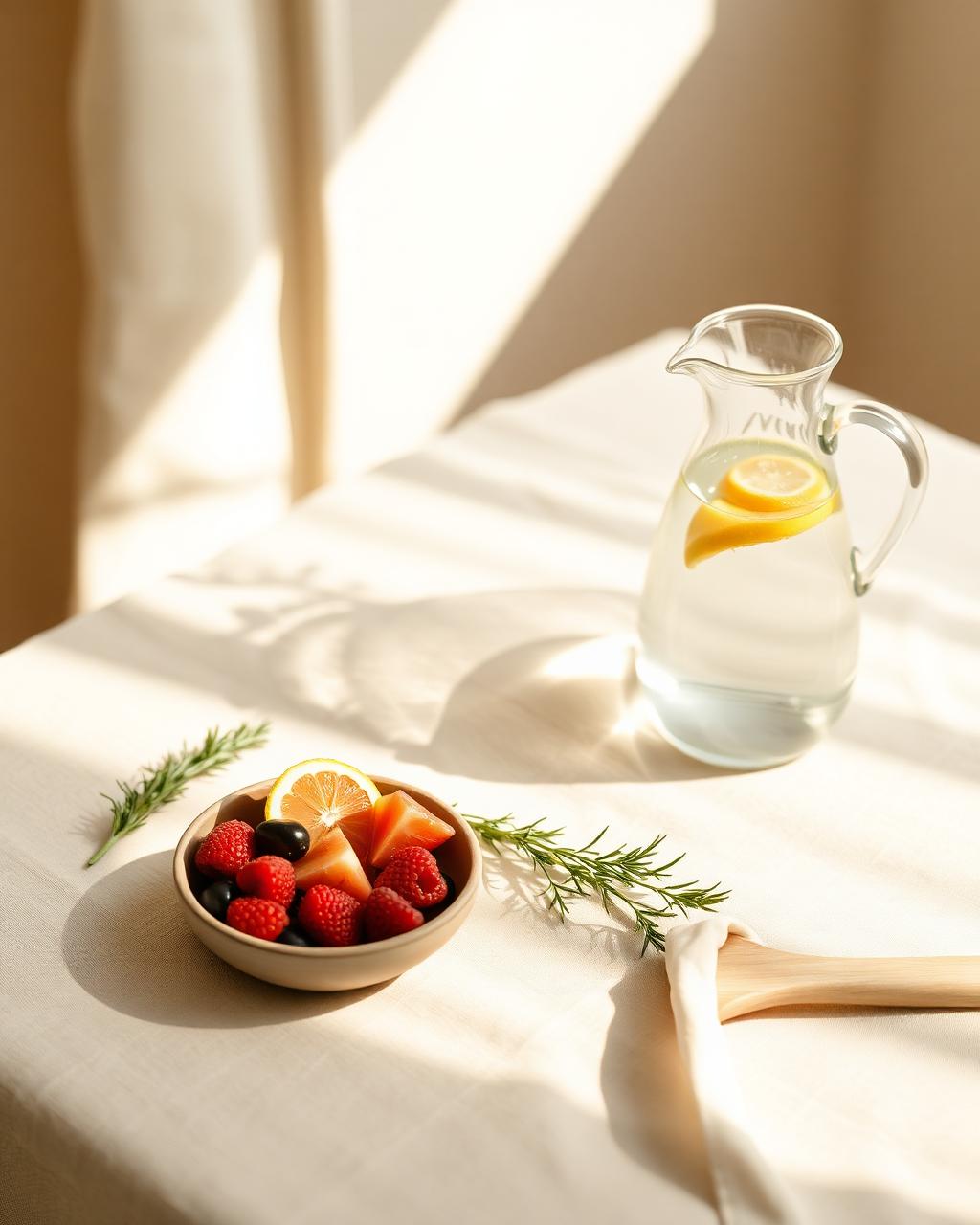 A still life of fresh fruit and water in soft morning light