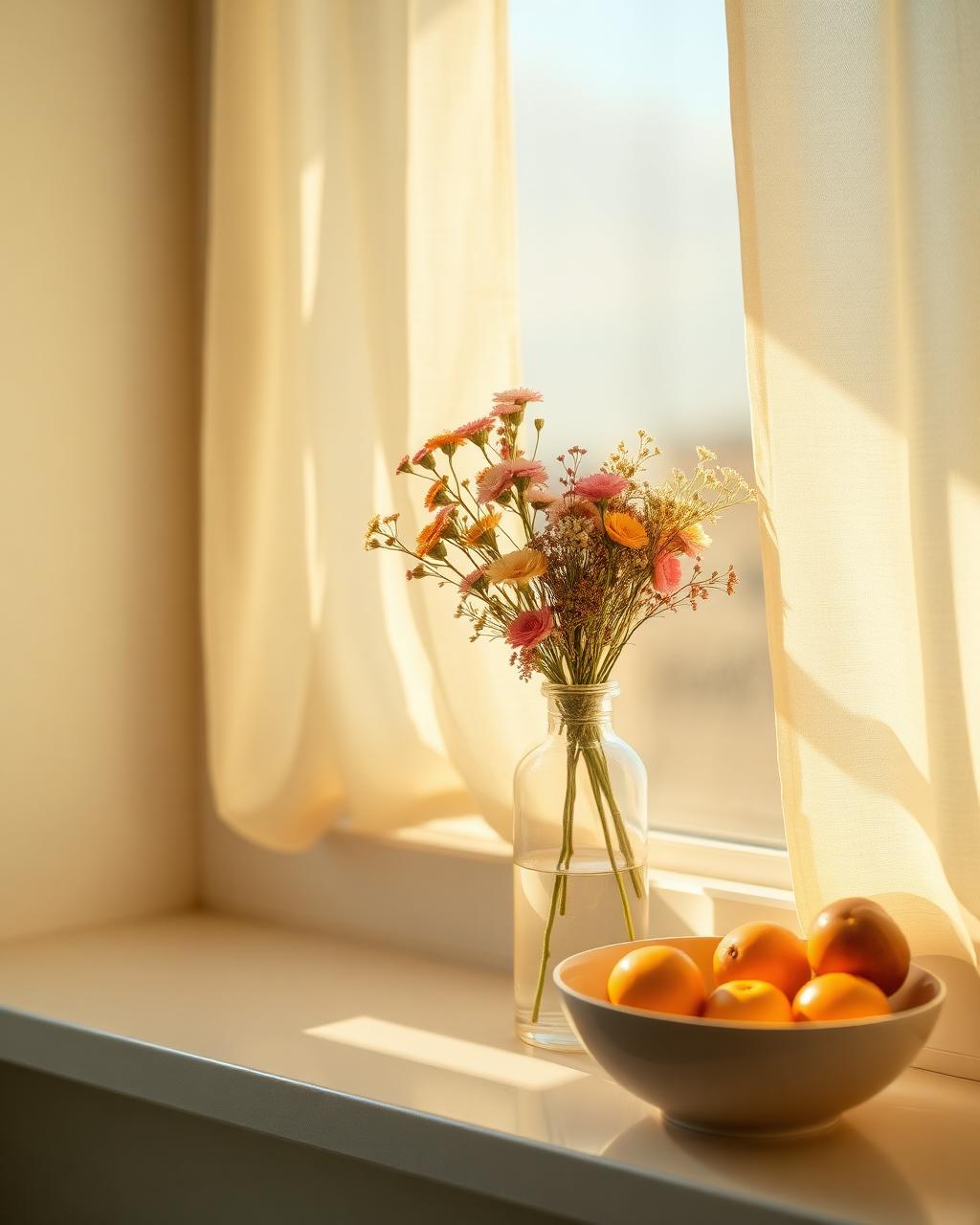 Wildflowers on a sunlit windowsill with warm morning light