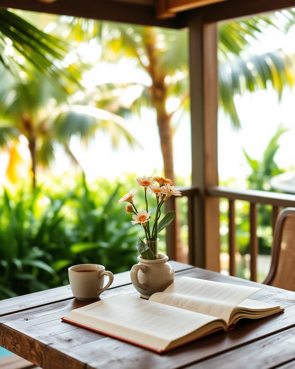 A quiet lanai breakfast table with tea, journal, and tropical greenery