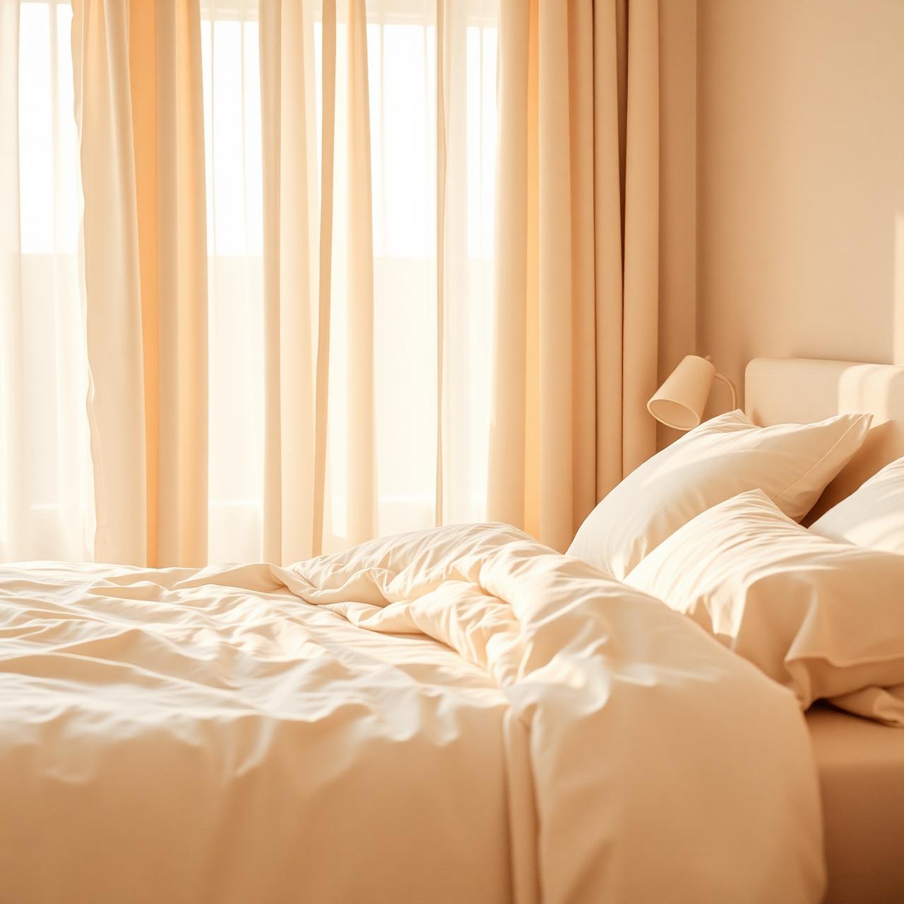 Soft morning light on cream linen bedding
