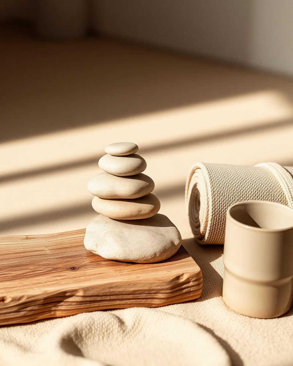 Balanced stones and a rolled linen mat in warm morning light