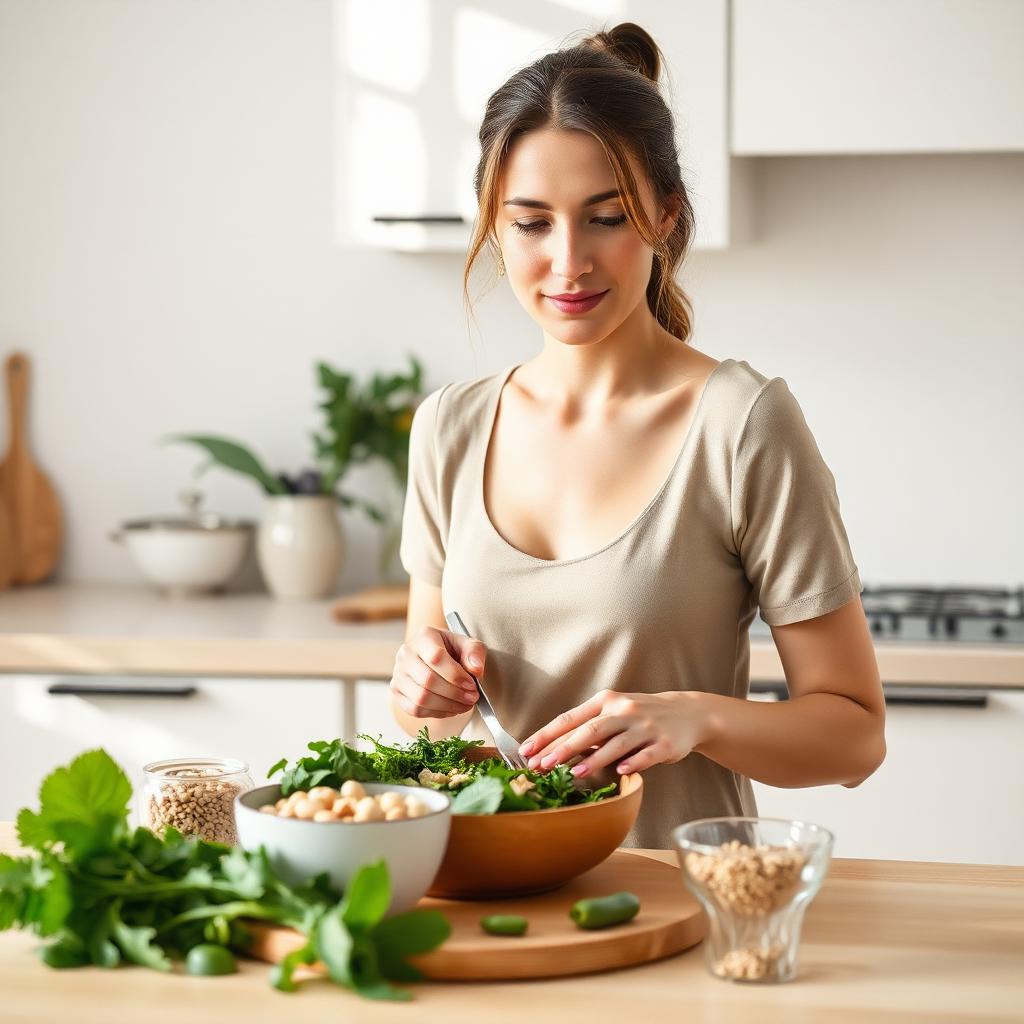 A woman preparing a fresh, healthy meal in a bright kitchen